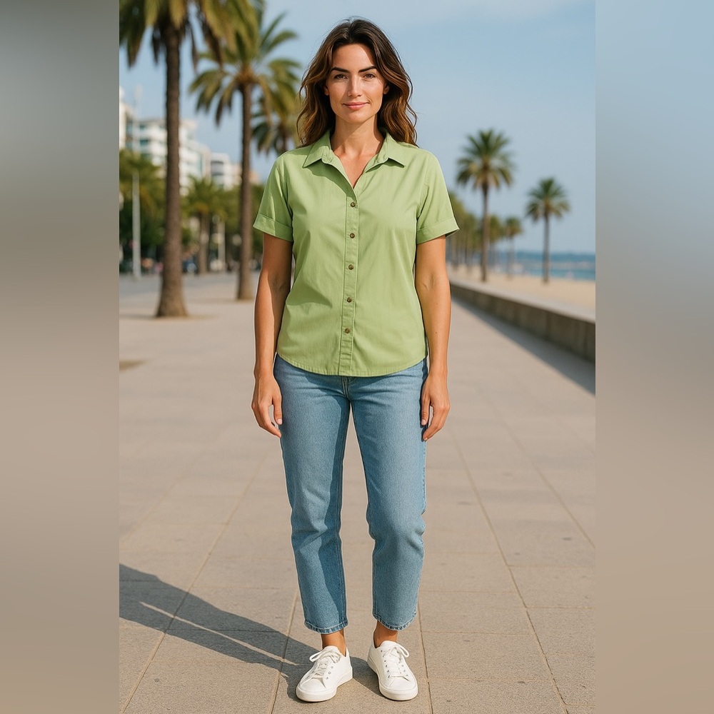 Petite Sophisticate Green Button Down Shirt Women’s 10P Short Sleeve Blouse
